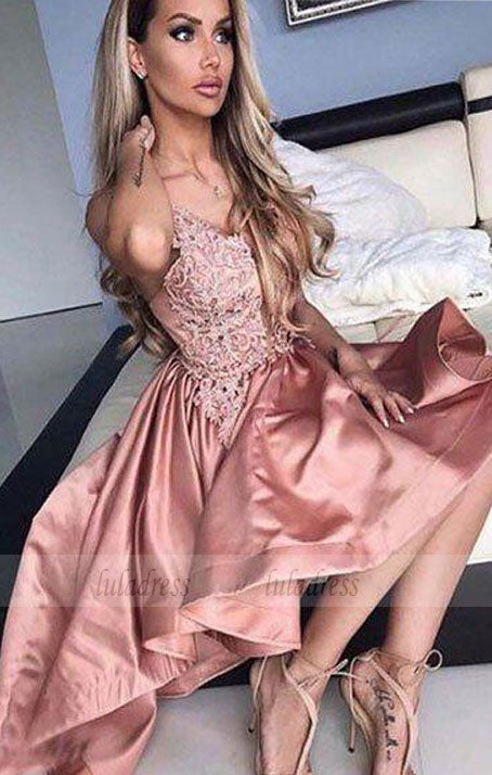 V-Neck Pink Satin High Low Homecoming Dress