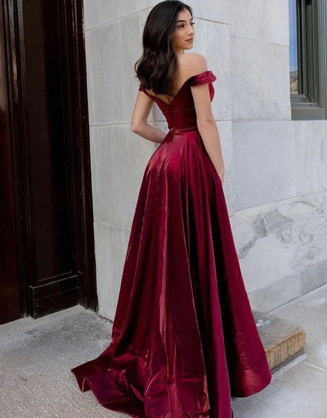 A-Line Long Off the Shoulder Burgundy Prom Dresses,Evening Dresses,BD930660
