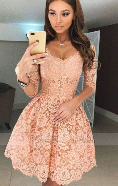 A-Line Scoop Half Sleeves Short Apricot Lace Homecoming Dress,BD99516