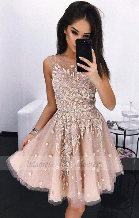 A-Line Round Neck Above-Knee Prom Homecoming Dress with Appliques Beading,BD99520