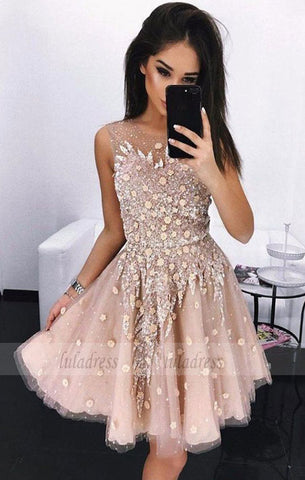 A-Line Round Neck Above-Knee Prom Homecoming Dress with Appliques Beading,BD99520