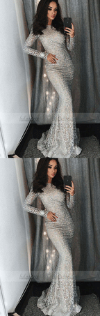 Mermaid Crew Sweep Train White Lace Prom Dress with Pearls