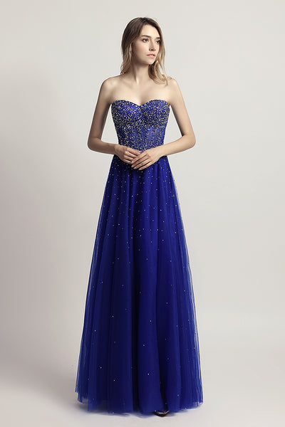 Strapless A-line Tulle beaded Long Prom Dress, LX464