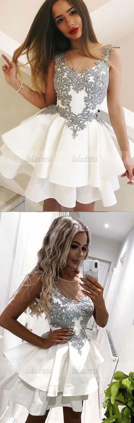 A-Line Round Neck Short White Tiered Homecoming Dress with Appliques luladress A-Line Round Neck Short White Tiered Homecoming Dress with Appliques luladress