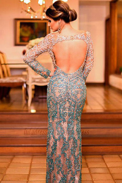 Mermaid Long Sleeves Evening Dress, Prom Dress with Appliques Beading,BD98657
