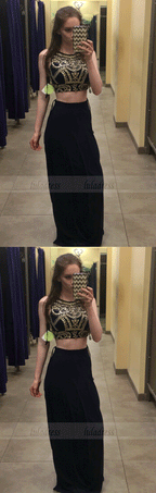 Two Pieces Beading Custom Made Prom Dresses, Floor-Length Evening Dress