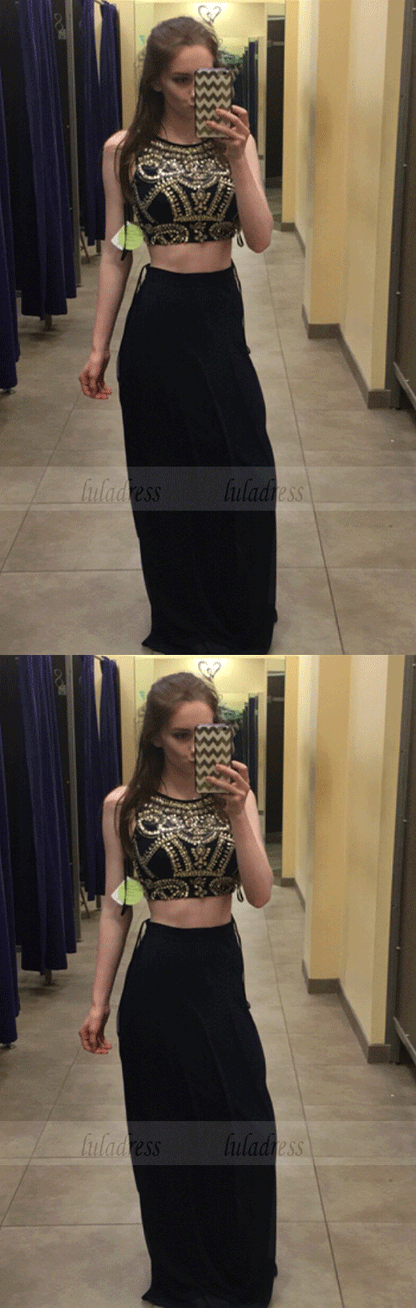 Two Pieces Beading Custom Made Prom Dresses, Floor-Length Evening Dress