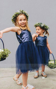 Navy Blue Sequins Tulle Flower Girls Dresses for Weddings,BD99752