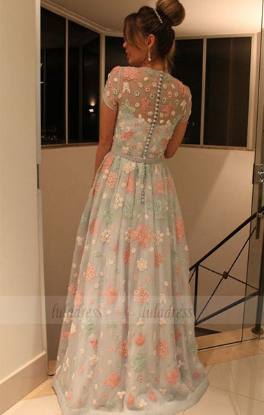 A-Line Jewel Cap Sleeves Sweep Train Mint Lace Prom Dress with Belt,BD98529