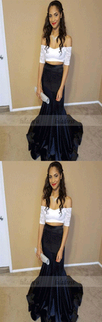 Two Pieces Prom Dress,Mermaid Prom Dress,Off the Shoulder Evening Dress