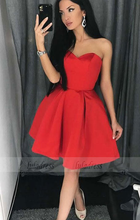 A-Line Sweetheart Above-Knee Red Satin Homecoming Dress with Pleats,BD99485