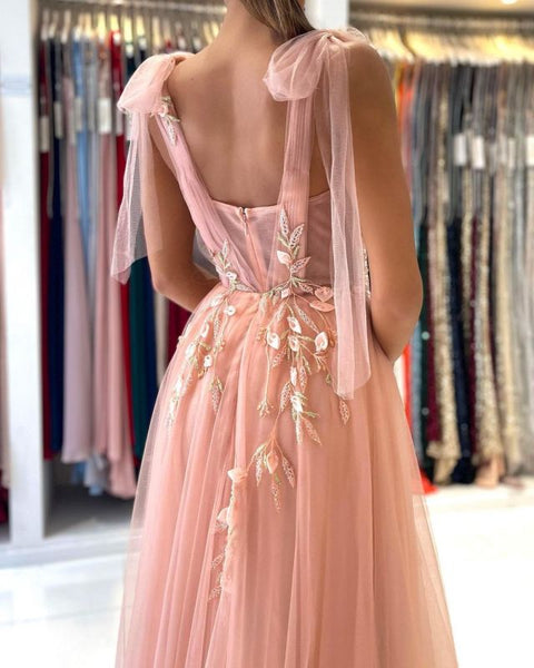 Princess Tulle Coral Pink Split Appliques Lace A-Line Prom Dresses,BD2998
