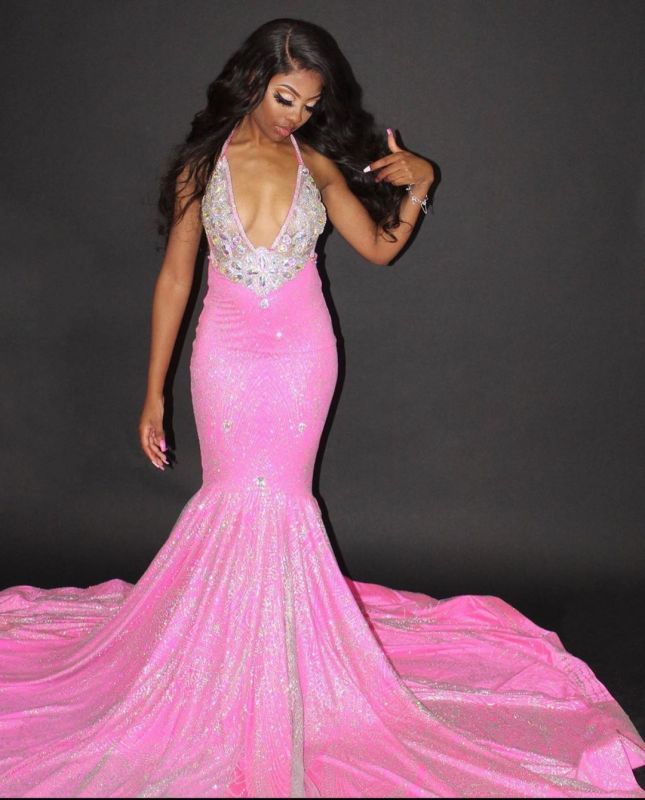 Glittery Blushing Pink Satin Crystal Mermaid Prom Dresses With Sleevel – luladress