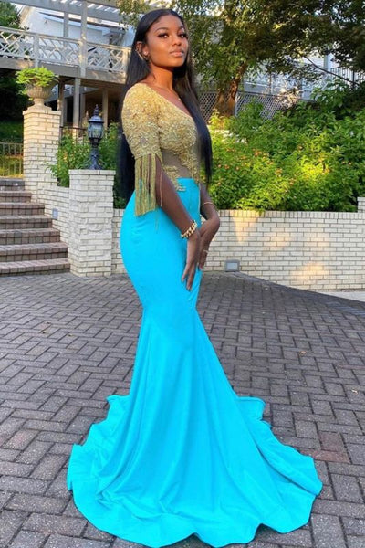 Gorgeous Turquoise Mermaid Prom Dresses With Golden Tassel,PD21032