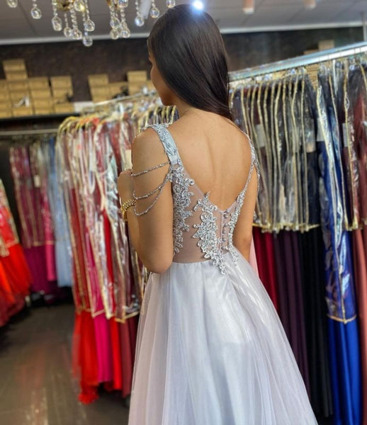Women Long Silver Lace Sleeveless A-Line Prom Dresses,BD93031