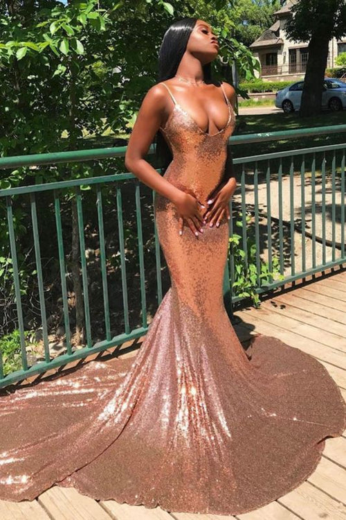 Glittery Sleeveless V Neck Nude Pink Sequins Mermaid Prom Dresses –  luladress