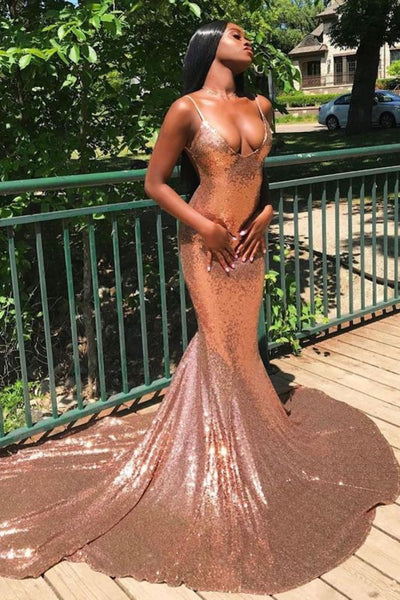 Glittery Sleeveless V Neck Nude Pink Sequins Mermaid Prom Dresses,PD21057