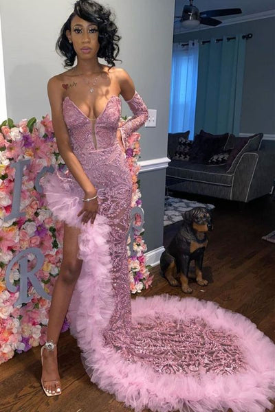 Sexy Dark Pink Tulle Prom Dresses|Sweetheart Deep Split Evening Gowns,PD21035