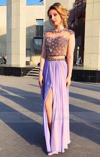 Sexy Sleeveless Prom Dress, Beaded Two Piece Prom Dresses, High Slit Long Party Dress,BD99024