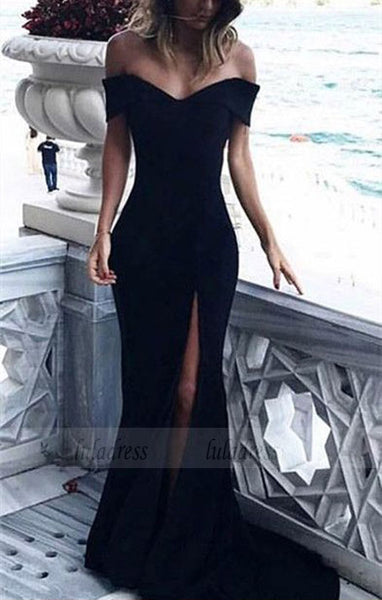 Black Jersey Mermaid V-neck Prom Dresses Off The Shoulder Evening Gowns,BD98167
