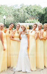 Keyhole Daffodil Pleated Chiffon Bridesmaid Dresses, Light Yellow Bridesmaid Dresses, Long Bridesmaid Dresses,BD98115