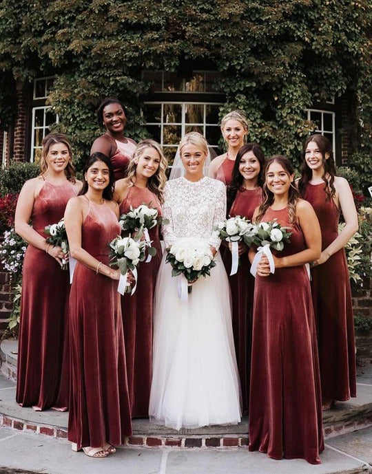 Rust Brown Velvet Long A Line Bridesmaid Dresses Custom Color / US8