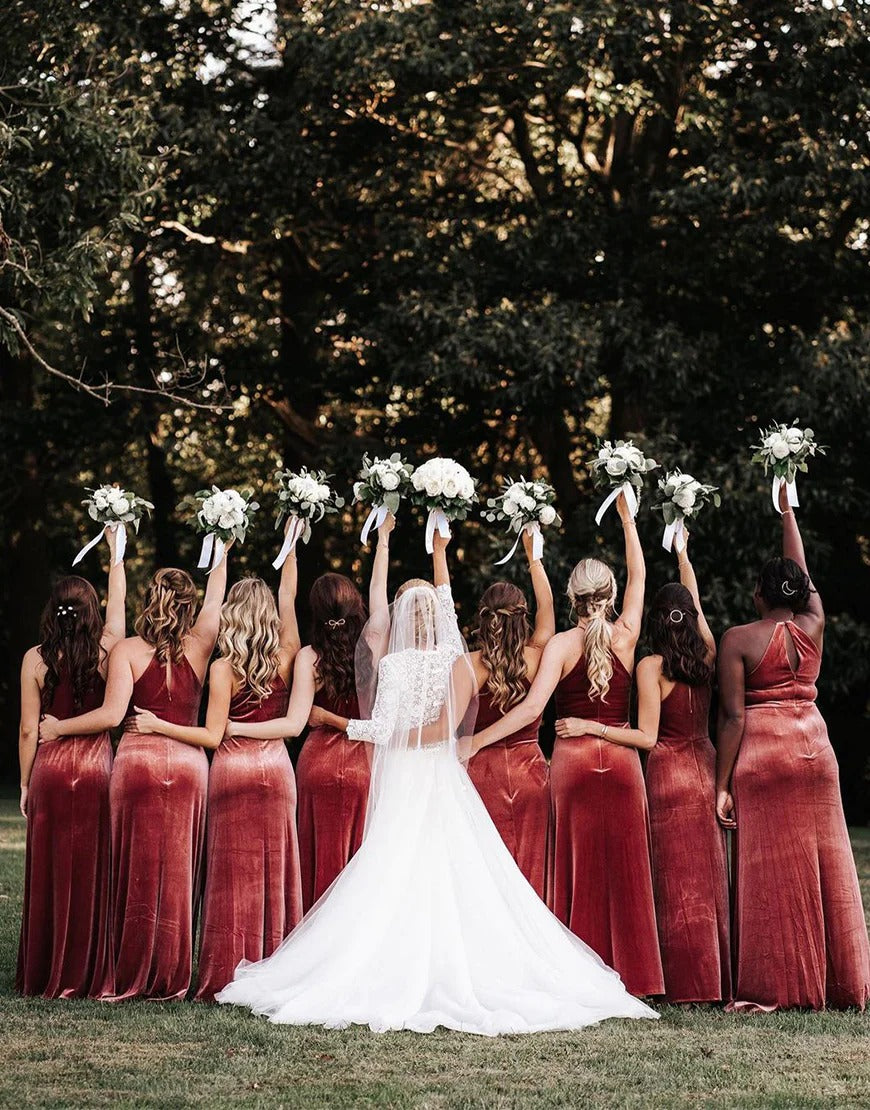 Rust Brown Velvet Long A Line Bridesmaid Dresses Custom Color / US8 Rust Brown Velvet Long A Line Bridesmaid Dresses Custom Color / US8