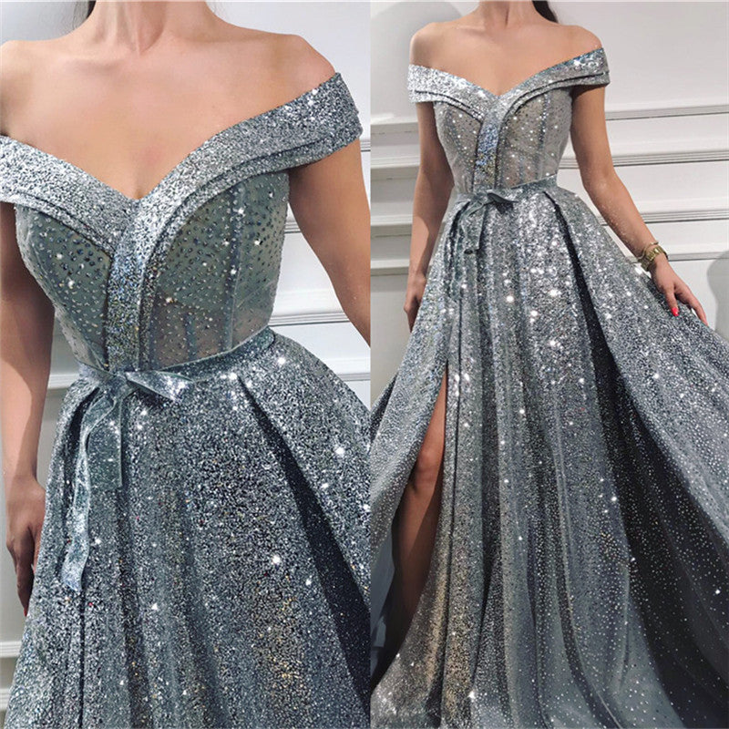 Glittery Off The Shoulder Sequins Front-Split Ruffles Prom Dresses