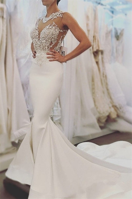 Elegant Mermaid Sleeveless Wedding Dresses | Open Back Lace Wedding Dress Online,WD21002