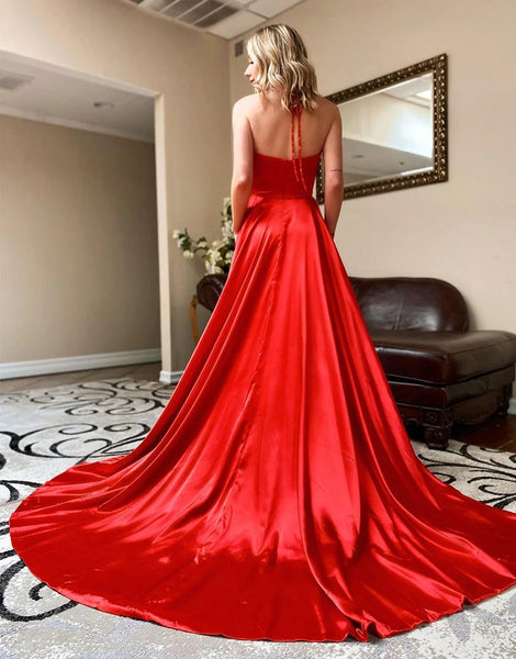 Red Long Simple V Neck Satin Prom Dress,BD930653