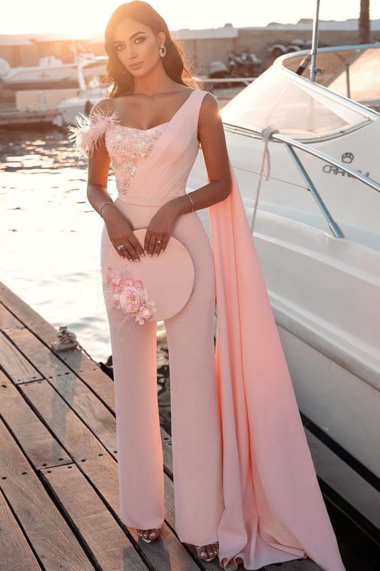 Chic One Shoulder Light Pink Sequins Sheath Prom Dresses With Fur,PD21053