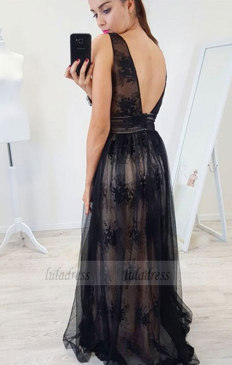 Black V Neck Long Prom Dress with Appliques    cg18777 main image 1