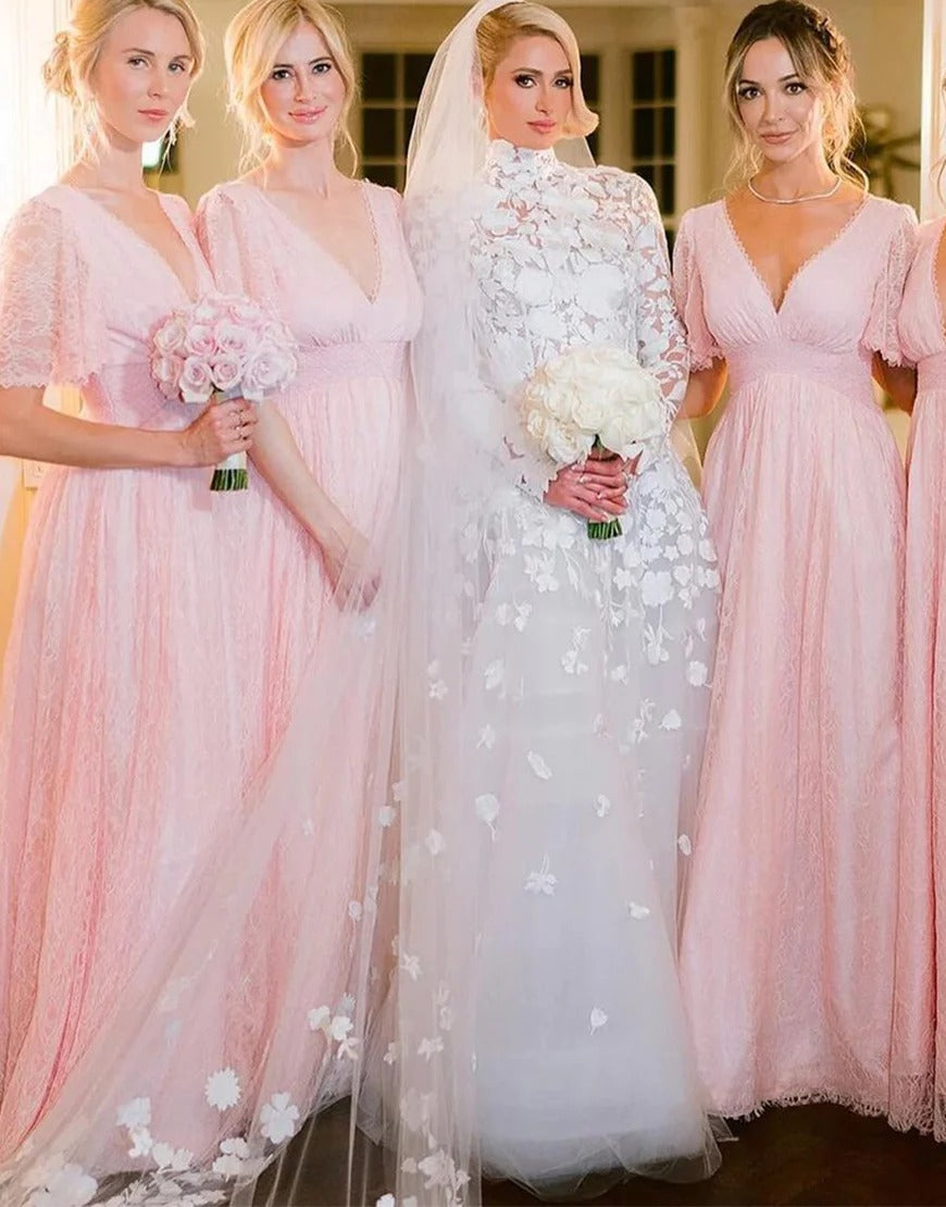 Pink Lace Bridesmaid Dresses with Sleeves,BD930689