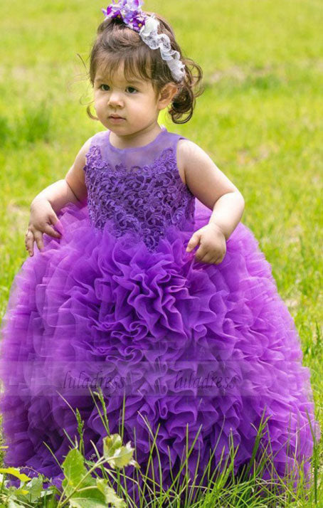 Dramatic Jewel Sleeveless Floor-Length Ball Gown Organza Purple Flower Girl Dress with Appliques