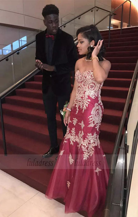 Mermaid Sweetheart Long Party Dress Beading Gold Appliques Black Girls Evening Gowns