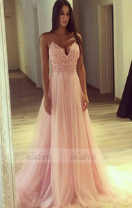 A line Tulle Party Dress,Spaghetti Straps Blush Pink Tulle Evening Dress,BD99472