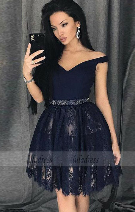 A-Line Off-the-Shoulder Above-Knee Lace Homecoming Dress with Beading