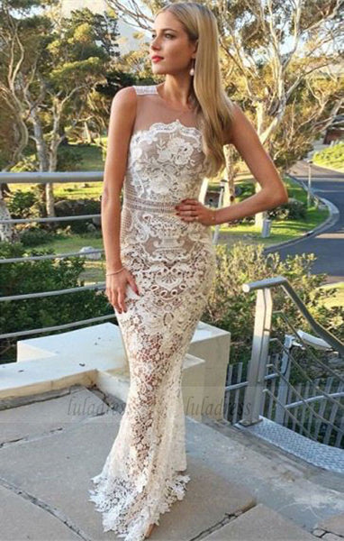 unique white lace mermaid prom dresses, modest round neck evening gowns,BD98680