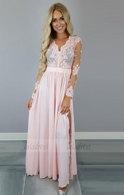A-Line V-Neck Long Sleeves Pink Chiffon Prom Dress with Appliques