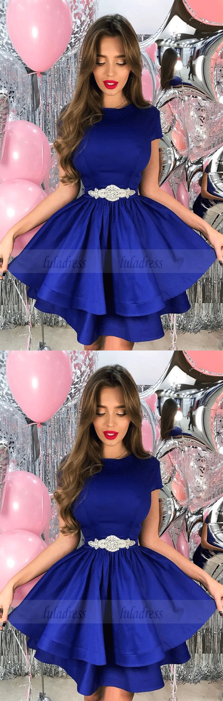 A-Line Crew Short Royal Blue Tiered Satin Homecoming Dress with Beadin luladress A-Line Crew Short Royal Blue Tiered Satin Homecoming Dress with Beadin luladress