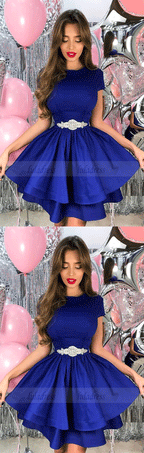 A-Line Crew Short Royal Blue Tiered Satin Homecoming Dress with Beading