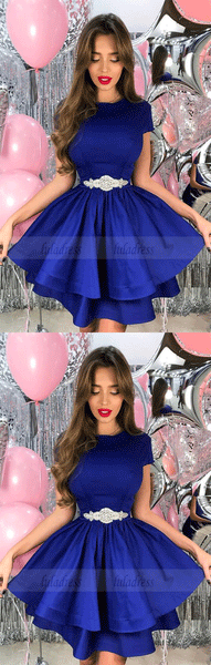 A-Line Crew Short Royal Blue Tiered Satin Homecoming Dress with Beading,BD99706