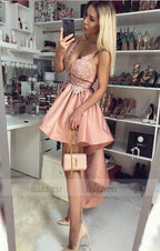 V-Neck Pink Satin High Low Homecoming Dress