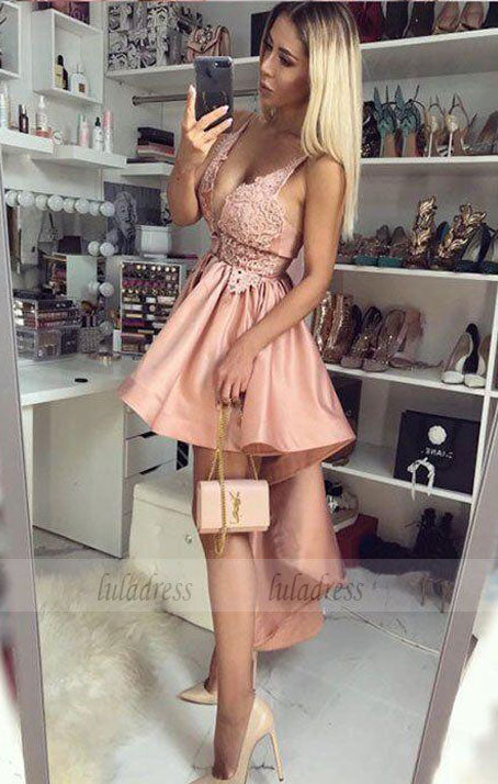 V-Neck Pink Satin High Low Homecoming Dress