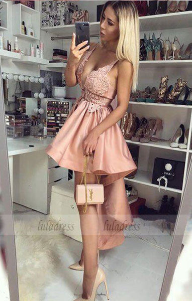 V-Neck Pink Satin High Low Homecoming Dress,BD9930