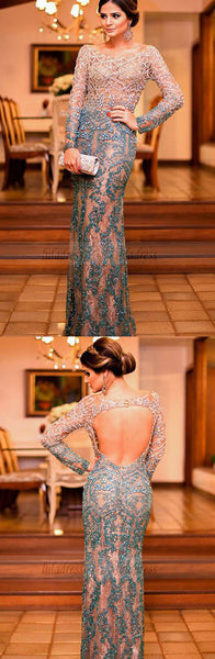 Mermaid Long Sleeves Evening Dress, Prom Dress with Appliques Beading,BD98657