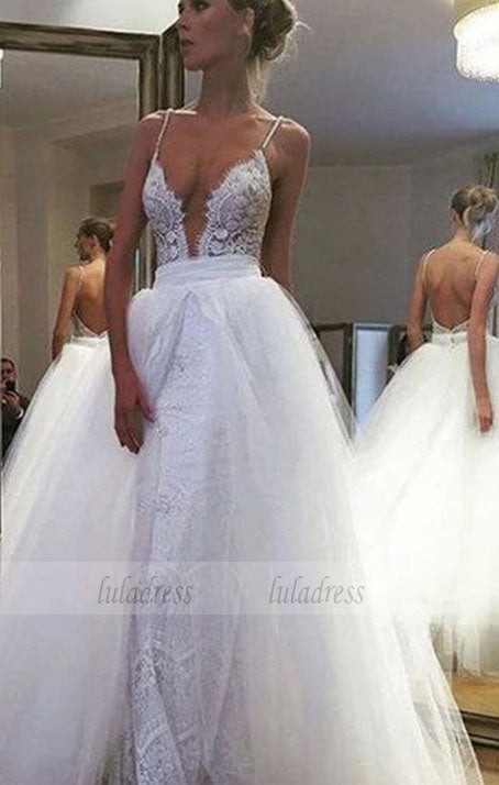Sexy Deep V-neck Floor-Length Wedding Dress Backless with Lace