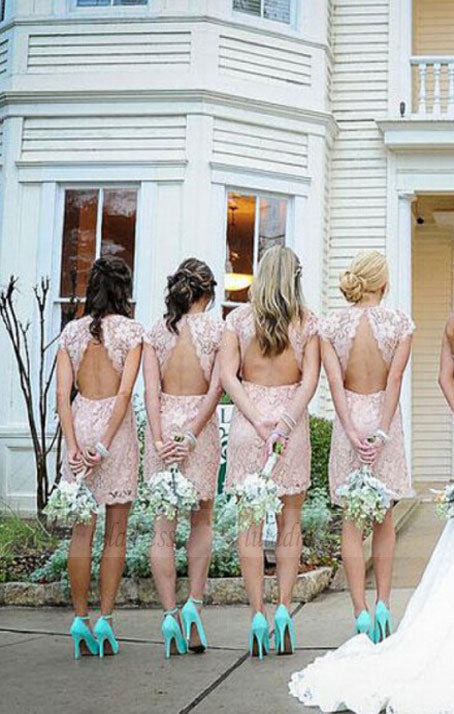 Sheath Crew Short Cap Sleeves Lace Bridesmaid Dress