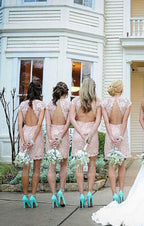 Sheath Crew Short Cap Sleeves Lace Bridesmaid Dress