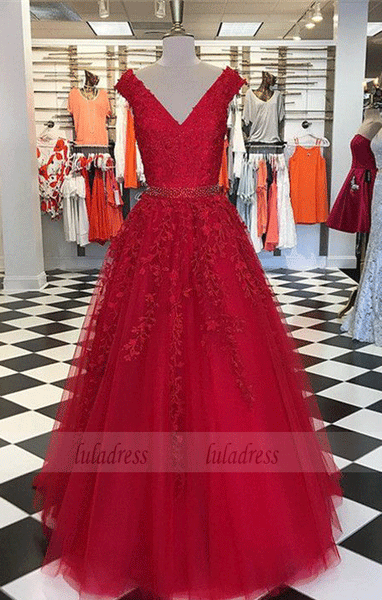 Cap Sleeves Evening Dress,modest prom dress,red formal dress,BD99700